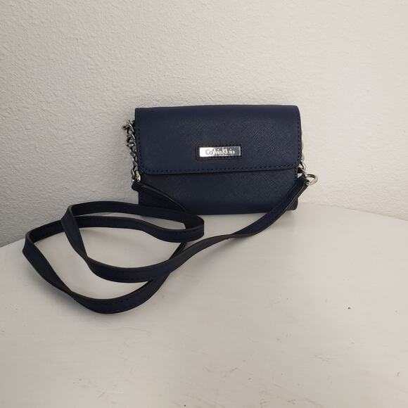 Calvin Klein Handbags - Calvin Klein Small Navy Crossbody Purse Silver Chain Textured Faux Leather
